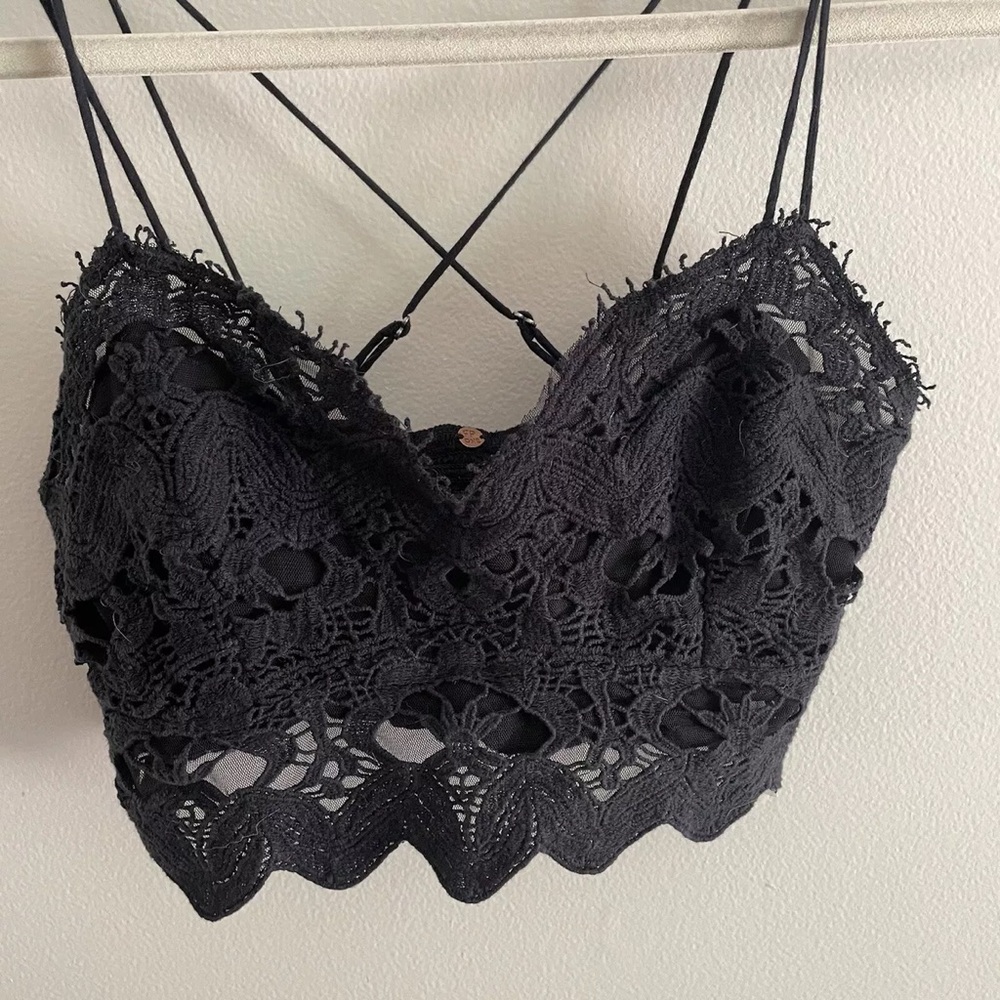 Free People FP One Women M Black Floral Lace Strappy Boho Crop Top Bralette - Picture 3 of 6